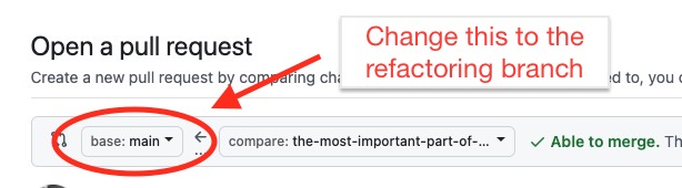 The Github PR interface with a circle and arrow pointing to the dropdown you would use to change the base for a PR.