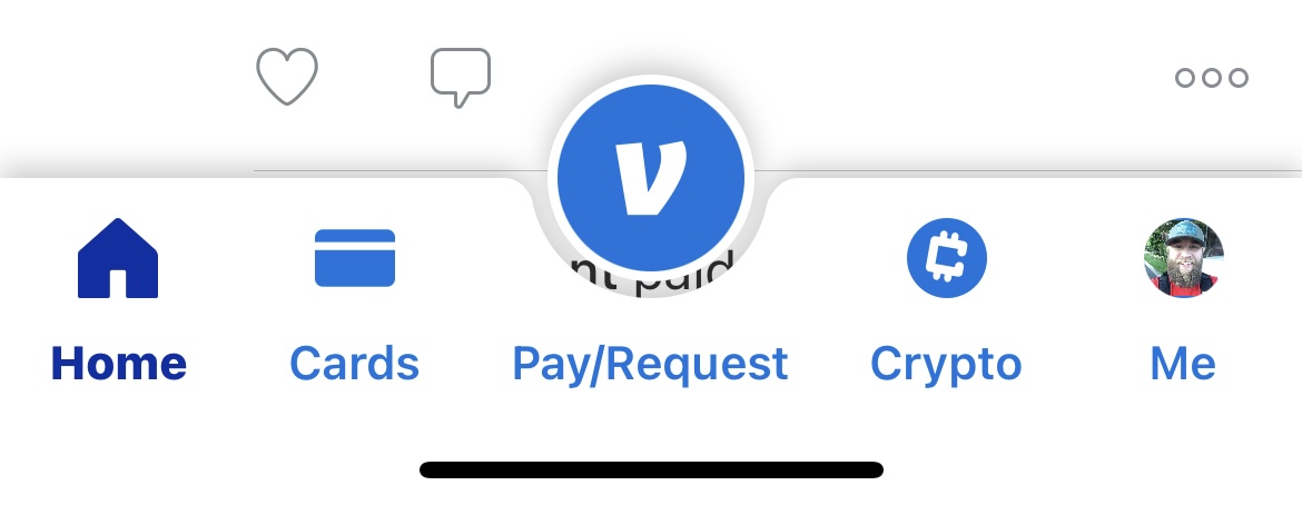 The Venmo bottom bar with the curved cutout for a giant blue button with the Venmo V in it.